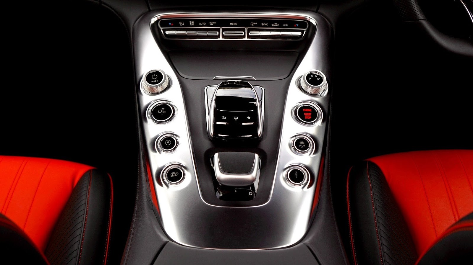 the red and black interior of a Mercedes