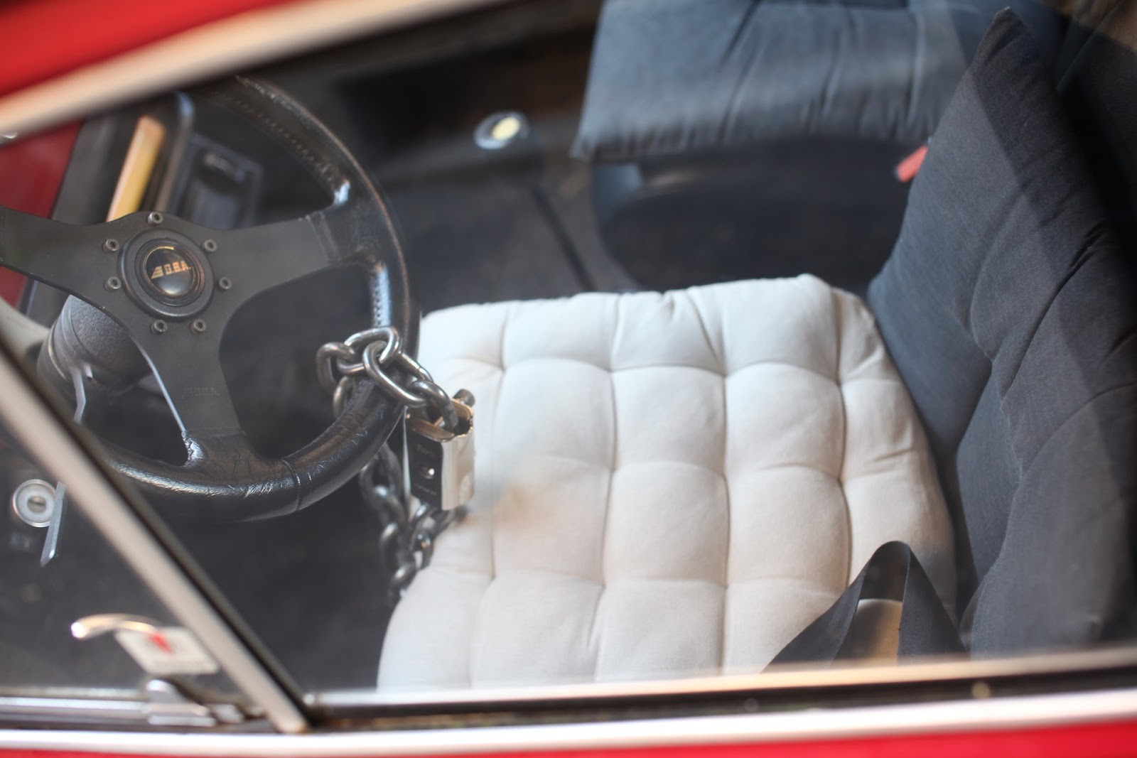 car interior with a steering wheel lock